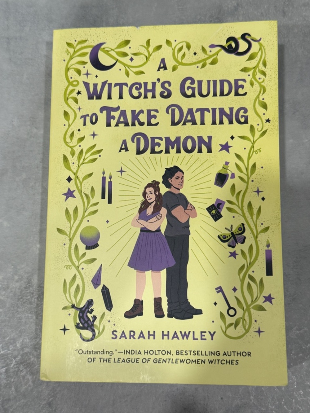 A Witch's Guide to Fake Dating a Demon by Sarah Hawley - Yellow & Purple Cover